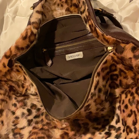 Genuine Leather & Fur Large Handbag Leopard print real fur One-of-a-Kind Satchel - Picture 6 of 16